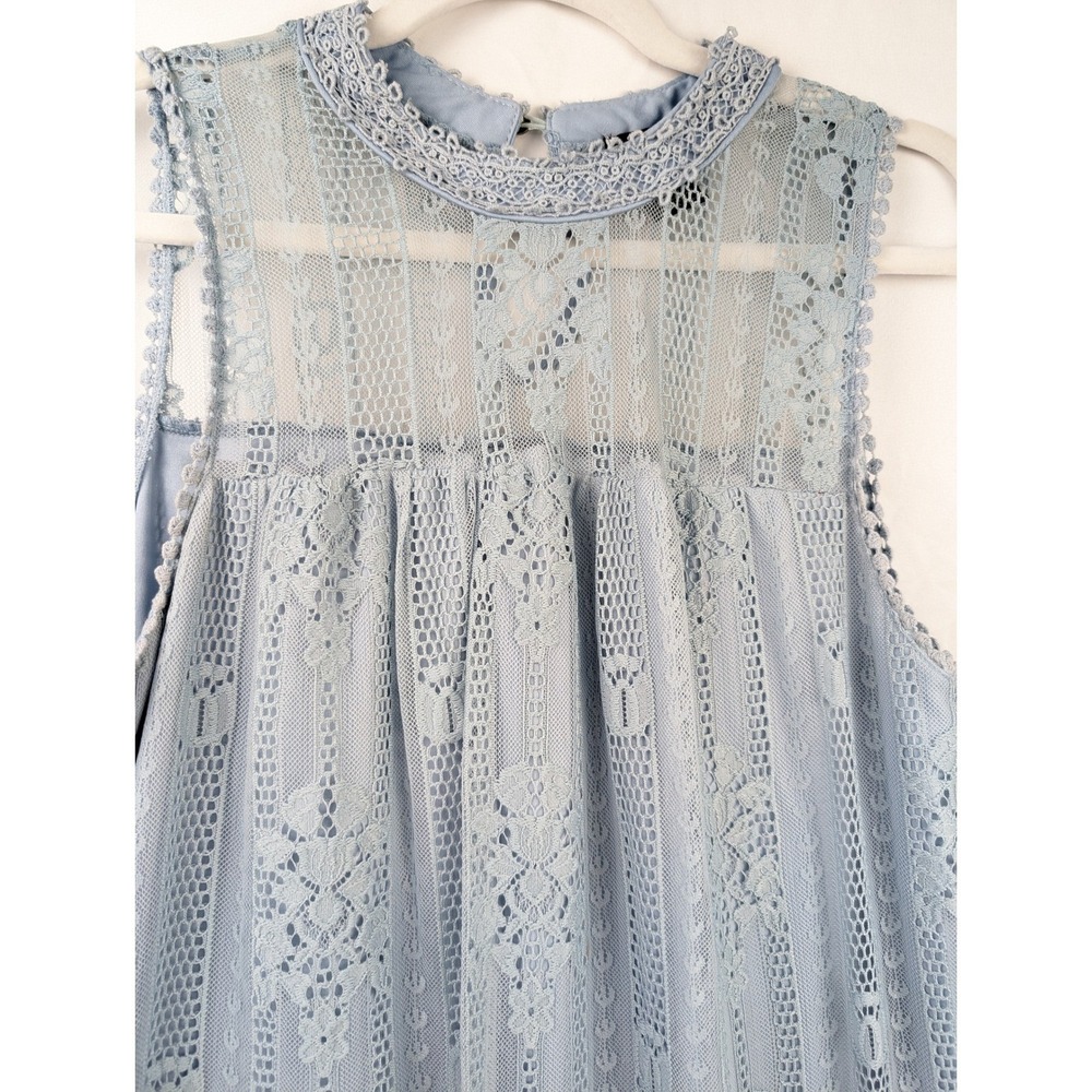 Floral Lace Victorian Shift Dress M Light Blue High Neck Regency Fairy Prairie - Picture 5 of 10